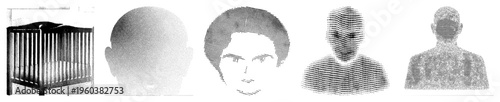 Vector halftone portraits in varying densities, human busts, graphic design elements, stylized faces, dot art, isolated subjects.