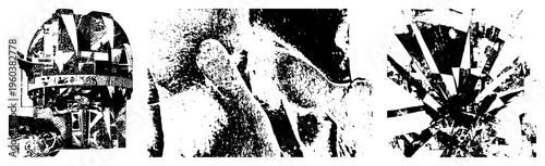 Black and white vector composition of shattered geometric, halftone texture, abstract art, graphic design element, modern minimalism.