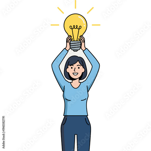 A woman holds up a shining light bulb overhead with happiness