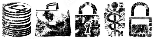 Stack of Euro coins, business briefcase, security padlock, medical caduceus symbol, digital lock all in gritty halftone vector style, isolated assets.