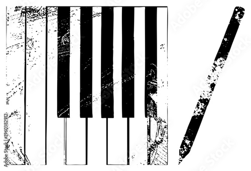 Worn piano keyboard with black and white keys, stylus tool beside, vintage distressed effect, music notation instrument, digital tool, artistic vector design.