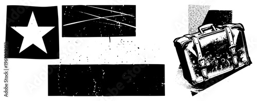 Worn leather suitcase with straps and buckles, paired with star emblem and abstract halftone shapes, retro travel, vector illustration.