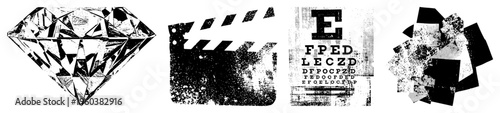 Diamond facets, film clapperboard, eye chart letters, fragmented geometric forms, halftone texture, vector art, isolated design elements.