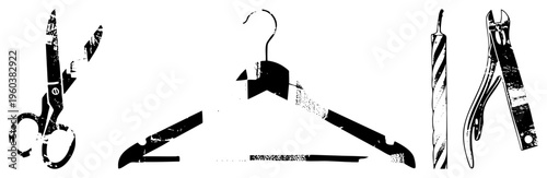 Stylized black and white vector of scissors, clothing hanger, drill bit, and nail clippers with textured grain effect, isolated tools for design or illustration.