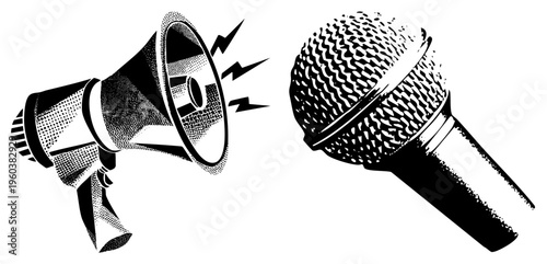 Vintage style megaphone emitting sound waves, paired with dynamic microphone, both rendered in halftone dot, ideal for protest, broadcast, or performance contexts.
