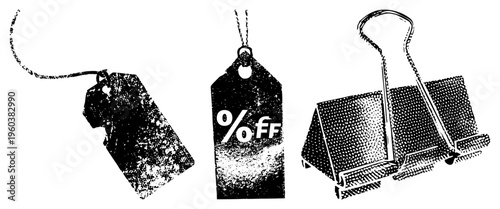 Retro sale tags with %off text, paper price tag, discount label, office supply clip, halftone, graphic, promotional merchandise.