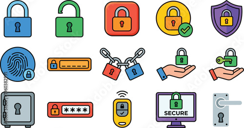 Collection of security and protection icons with locks password fingerprint shield and access symbols flat vector illustration set
