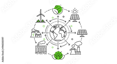 Eco friendly icons, sustainable energy symbols, green technology logos, environmental conservation graphics