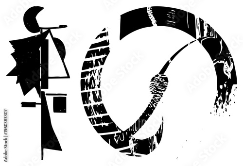 Stylized black graphic shapes with distressed halftone texture, abstract art elements, vector design, modern minimalism, graphic.