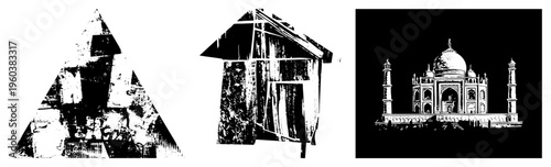 Geometric, weathered cabin, Taj Mahal, vector art, architectural, stylized landmarks, halftone texture, graphic design elements.
