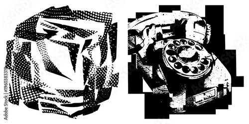 Retro rotary telephone with circular dial, crumpled newspaper stack, halftone dot, classic communication devices, vector illustration.