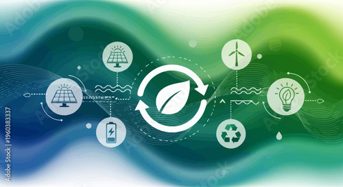 Eco friendly icons, sustainable energy symbols, green technology logos, environmental conservation graphics