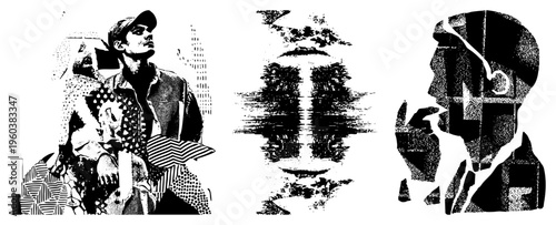 Black and white halftone illustration of man’s face with fragmented geometric shapes, stylized graphic design, pop art influence, vector silhouette, textures.