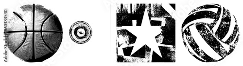 Vector sports symbols rendered in halftone style with distressed texture basketball, target, star ideal for retro athletic branding or graphic design projects.