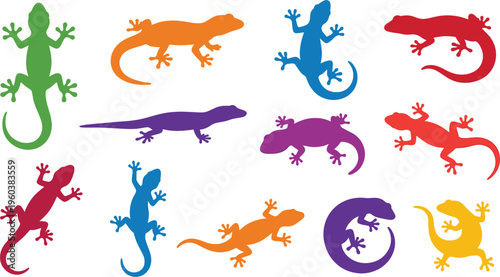 Colorful gecko and lizard silhouettes collection with various poses reptile animal shapes flat vector illustration set for design