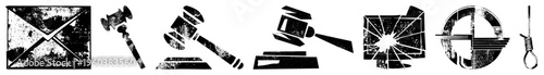 Broken screen, gavel, noose, target, envelope, and stylized symbols conveying legal, digital, and ominous themes.