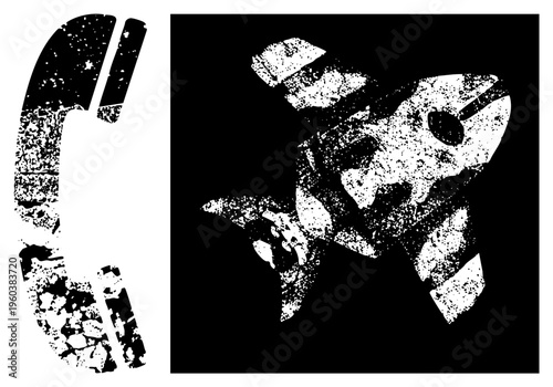 Retro communication and space travel symbol rendered in halftone dot, vintage tech, sci fi concept art, black and white vector graphic.