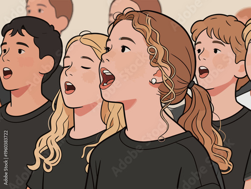 Children sing together in a choir practice at a local school during afternoon hours in a community building