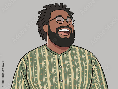 Man with curly hair and glasses smiles while wearing a patterned shirt against a plain background