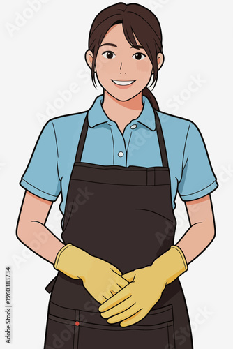 Woman wearing blue shirt and black apron with yellow gloves stands smiling in a clean kitchen area ready for work