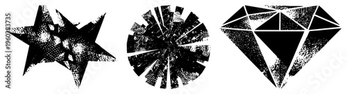 Distressed starburst & diamond motifs with gritty halftone texture. Vector graphic for branding/UI. Also called radiant star, fractured sun, geometric gem.