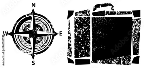 Nautical compass rose with cardinal directions, worn briefcase silhouette, vector, distressed texture, travel theme, flat graphic design.