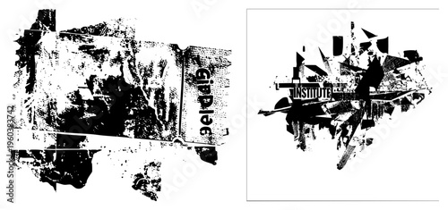 Bold fragmented logo with “INSTITUTE” text, urban stencil art, distressed halftone texture, street art design, black and white vector graphic.