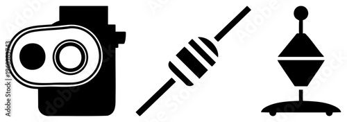 Simplified vector symbols camera lens, radio antenna, compass rose, flat design, digital interface, navigation tools, UI elements.