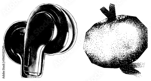 Vintage halftone art style depicting boxing gloves and pomegranate, stylized graphic, black and white, retro print, isolated objects, symbolic fruit, combat gear.