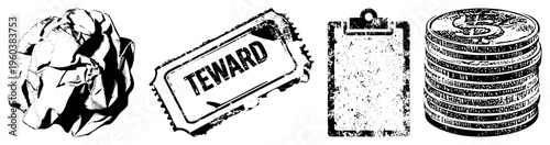 Crumpled paper ball, reward ticket, clipboard, coin stack, halftone graphic, vector illustration, black and white, textured style.