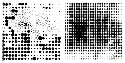 Collection of black vector shapes including circles, stars, and halftone gradients, ideal for print, digital, and UI design. Stippled texture and geometric forms for modern layouts.