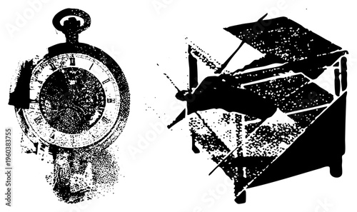 Classic pocket watch with Roman numerals, vintage typewriter with keys, halftone texture, vector art, retro office tools.