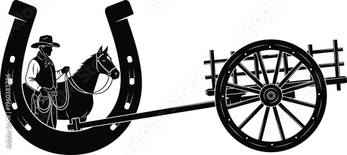 Cowboy horse horseshoe wagon wheel illustration black and white western ranch farming transport vintage rustic design graphic element