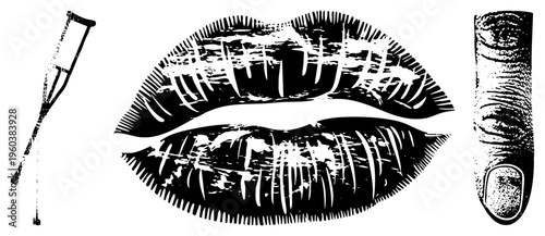 Bold black and white halftone lips, crutch, and finger nail graphic, high contrast vector art, medical and beauty set, isolated symbols.