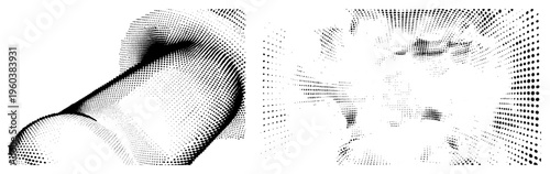 Vector halftone depiction of stylized human face and flowing curve, dot, graphic art, isolated elements, modern design.