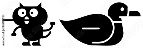 Cartoon owl holding stick, duck silhouette, flat vector art, isolated mascot characters, graphic design elements, simple shapes, bold.