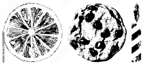 Black and white halftone citrus slice and chocolate chip cookie, stylized food graphics, dotted texture, vector cutouts, isolated dessert.