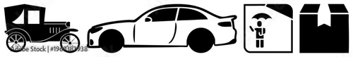 Classic carriage and contemporary car side views, transportation evolution, vehicle silhouette, automotive design contrast, black graphics.