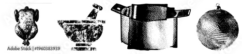 Black and white halftone graphics of roasted chicken, mortar and pestle, pressure cooker, and spherical ornament, stylized vector art with dot texture.