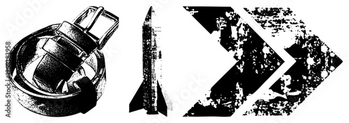 Black and white vector coiled belt buckle, sleek, distressed arrow. Retro graphic design elements for UI, print, or branding. Minimalist, halftone texture, isolated foreground.