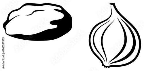 Stylized eggplant and onion in bold black art, vegetable, culinary sketch, food graphic, minimalist, flat design, cooking symbol.