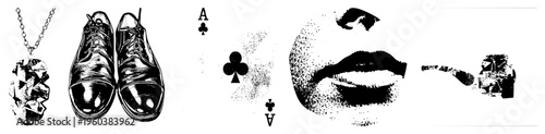 Fashion jewelry pendant, formal footwear, gambling card, stylized lips, smoking pipe all in vector art with halftone texture and isolated foreground elements.