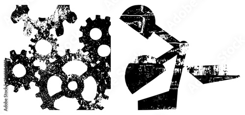 Interlocking cogwheel assembly and stylized robotic figure, industrial mechanical design, vector illustration, gritty texture, mechanical art, abstract machinery.