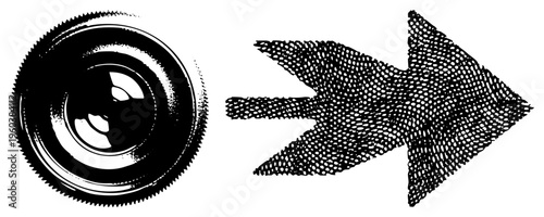 Classic camera lens pointing rightward with halftone arrow, equipment, optical gear, film camera, shutter mechanism, vector graphic, isolated.