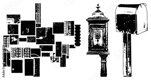 Classic American mailbox on pole, ornate vintage letterbox, fragmented graphic collage, retro postage design, urban mail delivery, black and white vector illustration.