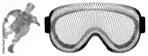 Ski goggles rendered in halftone dots, snowboarder silhouette in dot, winter sports gear, graphic vector art, black and white illustration.
