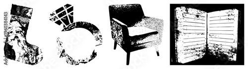 Black and white halftone illustrations of festive, engagement ring, retro armchair, and open book. Vector art with gritty texture, isolated objects, graphic design elements.