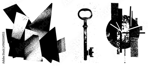 Stylized black and white vector composition with fragmented planes, halftone gradients, antique key, and clock face motif. Graphic design elements with gritty texture and isolated foreground.