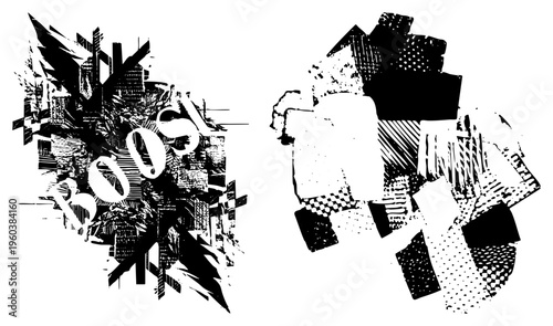 Dynamic black and white vector composition of shattered geometric shapes, halftone textures, and glitch inspired, ideal for graphic design or digital art projects.