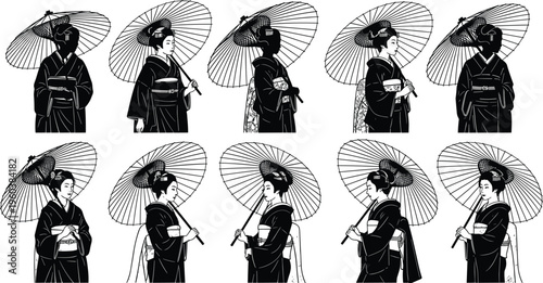 Geisha women with umbrella illustration black and white traditional japanese culture kimono elegance portrait set isolated design collection